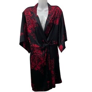 Satin Peignoir/Kimono Robe in Floral Red & Black by La Vie en Rose - Large
